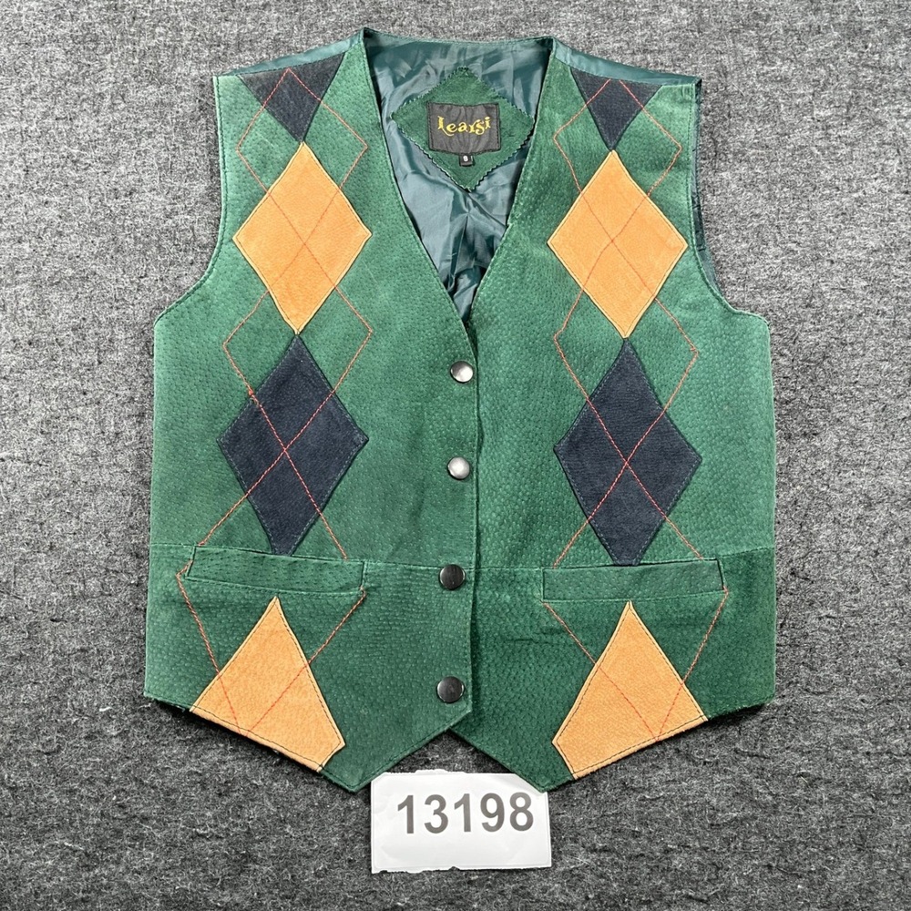 Learsi Argyle Leather Vest Womens Small Green Vintage 4-Button Cinch Back EX